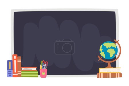 Illustration for Horizontal background of chalkboard design with copy space. Pile of books next to school board. Globe model over of books stack. Back to school banner. Education hand drawn flat vector illustration - Royalty Free Image