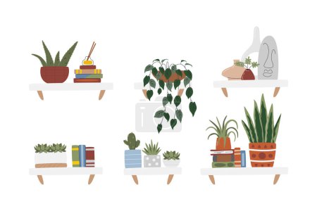 Plants set isolated on white. Mid-century home decor collection. Books, diffuser with oil, sculptures and houseplants on hanging shelves. Home interior decoration hand drawn flat vector illustration