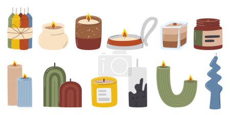 Various decorative wax candles for relax and spa. Handmade candles set of different shapes and sizes including u shape, glass jar, rainbow, etc. Home aromatic decor hand drawn flat vector illustration
