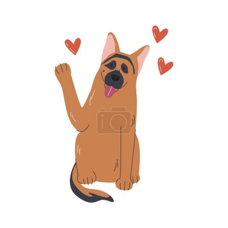 German sheepdog sitting and sending air kiss with heart shape. Sheepdog giving paw. Dog silhouette colored design. Brown and black domestic animal hand drawn flat vector illustration isolated on white