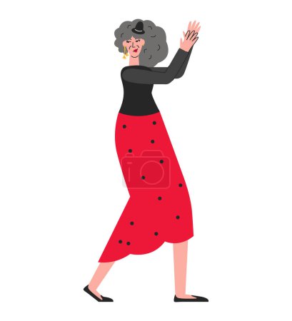 Third-aged woman have fun in dance class. Pensioner living active. Nice old female personage dancing flamenco with palm clap gesture. Elegant elderly character hand drawn flat vector illustration