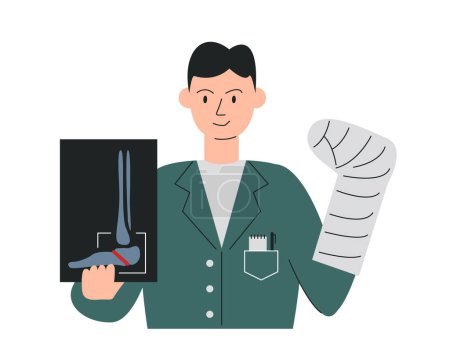 Doctor traumatologist estimating medical exams. Male character in surgical gown holding leg plaster. Man in uniform studying patient x-ray photo. Medic orthopedist hand drawn flat vector illustration