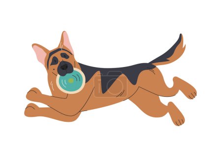 Playful german shepherd breed in jumping pose. Funny adult sheepdog running with frisbee disk toy. Cartoon canine domestic pet character. Doggy hand drawn flat vector illustration isolated on white