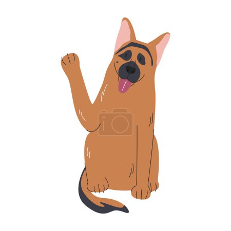 Cute sheepdog training high five command. German shepherd learning greeting gesture with paw. Domestic animal. Pet concept design. Puppy sitting with paw up. Doggie hand drawn flat vector illustration