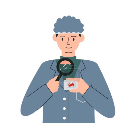Male hematologist oncologist examining patient blood analysis. Man doctor studying result with magnifier tool. Medical character portrait concept design. Personage hand drawn flat vector illustration