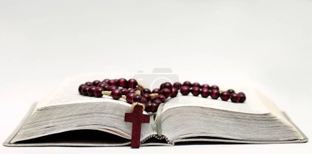 Photo for Praying to God with the bible and cross in church with no people stock image stock photo - Royalty Free Image
