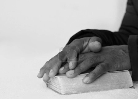 Photo for Black man people praying to God with hands - Royalty Free Image