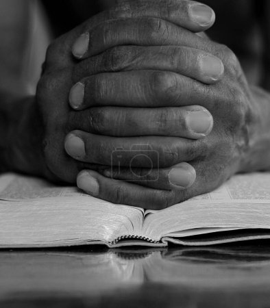 Photo for Black man people praying to God with hands together on bible - Royalty Free Image