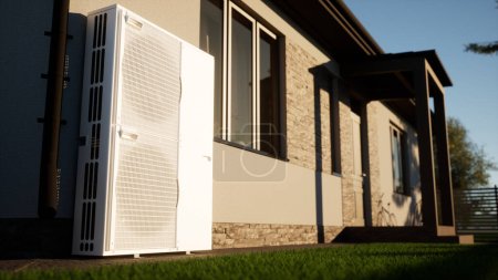 Foto de Bomba de calor de tecnología aire-agua para el hogar. Sistema inversor de tipo split. - Imagen libre de derechos