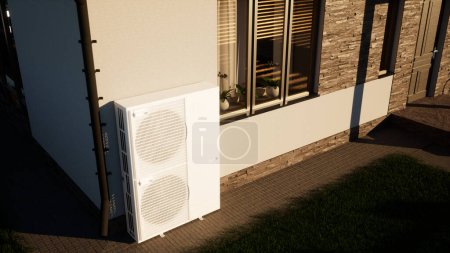 Foto de Bomba de calor de tecnología aire-agua para el hogar. Sistema inversor de tipo split. - Imagen libre de derechos