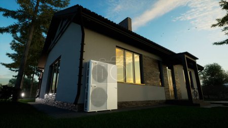 Foto de Bomba de calor de tecnología aire-agua para el hogar al atardecer. Sistema inversor de tipo split - Imagen libre de derechos