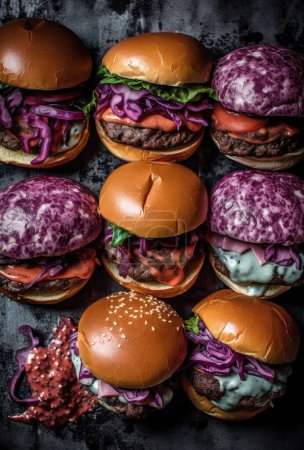 Foto de Una exhibición visualmente llamativa de hamburguesas en una variedad de colores brillantes, con bollos en tonos de rojo, verde, azul y negro. Las jugosas y sabrosas empanadas están cubiertas con queso, lechuga, tomate y otros ingredientes coloridos, creando una imagen que i - Imagen libre de derechos