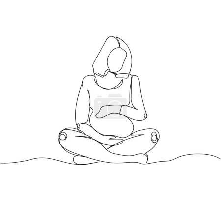 Schwangere sitzt in Lotusposition. Kontinuierliche Linienzeichnung von Schwangerschaft, Mutterschaft, Fitness, Vorbereitung auf die Geburt, Yoga für Schwangere. Handgezeichnete Vektorillustration