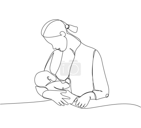 Illustration for Mom breastfeeds a newborn one line art. Continuous line drawing of newborn, motherhood, family, love, child, breastfeeding, lactation, healthy lifestyle. Hand drawn vector illustration - Royalty Free Image