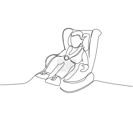 Child in a car seat one line art. Continuous line drawing of child, childhood, boy, girl, safety, protection, car, transportation. Hand drawn vector illustration