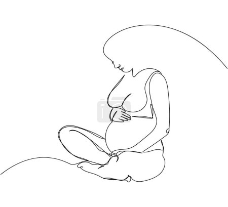 Ilustración de Mujer embarazada sentada en posición de loto y acariciando su vientre una línea de arte. Dibujo continuo de la línea del embarazo, maternidad, preparación para el parto, relajación. Ilustración vectorial dibujada a mano - Imagen libre de derechos