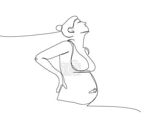 Pregnant woman, hands on the lower back one line art. Continuous line drawing of pregnancy, motherhood, preparation for childbirth, pregnancy pain, late pregnancy. Hand drawn vector illustration