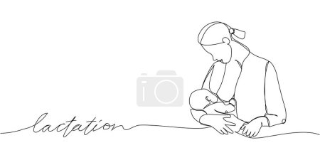Illustration for Mom breastfeeds a newborn one line art with an inscription lactation. Continuous line drawing of newborn, motherhood, child, breastfeeding, lactation, healthy lifestyle. Hand drawn vector illustration - Royalty Free Image