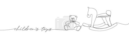 Kinderspielzeug Schaukelpferd und Teddy tragen eine Zeile Kunst mit einer Inschrift. Kontinuierliche Linienziehung von Entspannung, Ruhe, Spiel, Spaß, glückliche Kindheit, Fahrt, Kindergarten. Handgezeichnete Vektorillustration