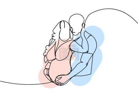 Illustration for Husband hugging his pregnant wife one line art with colorful elements. Continuous line drawing of pregnancy, motherhood, family, love, mutual understanding. Hand drawn vector illustration - Royalty Free Image