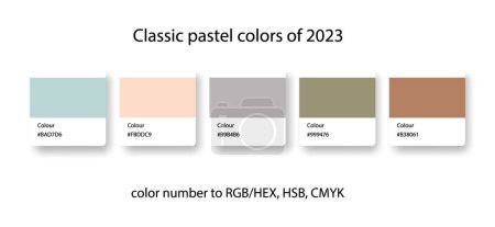 Klassische Pastellfarben Palette von 2023. Trend Farbführer Kollektion in RGB, CMYK. Helle Farben für Mode, Wohnkultur, Design. Vektor-Abbildung.