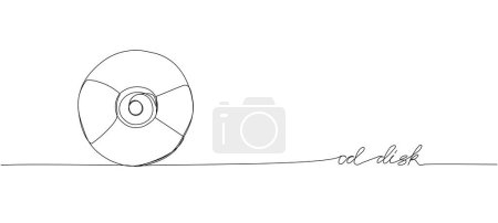 Illustration for CD disk, Compact disc one line art. Continuous line drawing of storage, shiny, disk, vintage, dvd, pc, memory, disc, 90s with an inscription, lettering, handwritten. Hand drawn vector illustration - Royalty Free Image