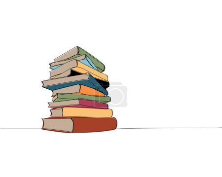 Stapeln von Büchern unterschiedlicher Größe eine Zeile farbige Kunst. Kontinuierliche Linienfarbzeichnung von Buch, Bibliothek, Bildung, Schule, Studium, Lernen, Seite, Lesen Handgezeichnete Vektorillustration