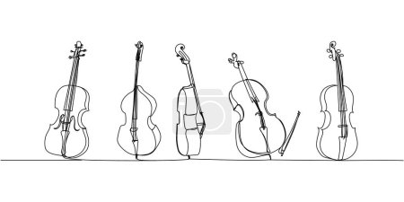 Illustration for Violin, cello, bass viol set one line art. Continuous line drawing of musical, melody, violin, vintage, music, retro, symphonic, symphony, musician string Hand drawn vector illustration - Royalty Free Image