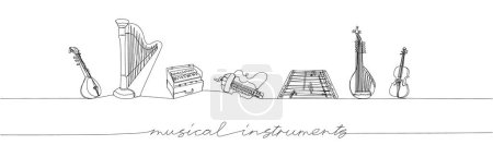 Ilustración de Los instrumentos musicales establecen una línea de arte. Dibujo en línea continua de arpa, musical, lira, armonio, lira, tsymbaly, dulcimer con una inscripción, letras, manuscrito. Ilustración vectorial dibujada a mano - Imagen libre de derechos