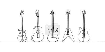 Ilustración de Conjunto de guitarra de una línea de arte. Dibujo continuo de línea de música, equipo, canción, guitarra, eléctrico, melodía, rock, volumen, acorde, bajo acústico ilustración vector dibujado a mano - Imagen libre de derechos