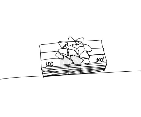 Illustration for Bundle of money with a bow, gift, cash, banknotes, dollars, hryvnia, euro one line art. Continuous line drawing of bank, money, finance, payment, data, savings, economic Hand drawn vector illustration - Royalty Free Image