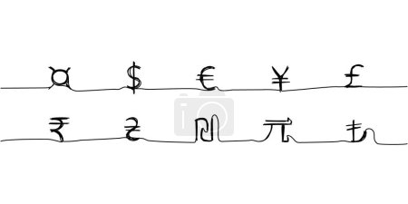 Illustration for Signs of world currencies, dollar, euro, hryvnia, yuan, pound sterling, yen, shekel, Turkish lira one line art. Continuous line drawing of bank, money, finance Hand drawn vector illustration - Royalty Free Image