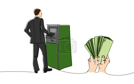 Illustration for A man in a suit withdraws money from an ATM, money in hand, cash machine, bank color, colored one line art. Continuous line drawing of bank, payment, data, economic Hand drawn vector illustration - Royalty Free Image