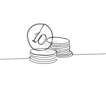 Stacks of coins of different heights, 10 cents, kopecks, pennies one line art. Continuous line drawing of bank, money, finance, savings, economic, wealth, credit Hand drawn vector illustration