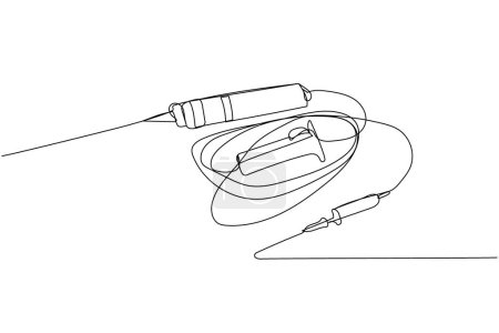 Illustration for Catheterization kit, catheter, syringe, Surgical Item, medical supplies, equipment one line art. Continuous line drawing of needle, clinical, anesthesia, surgery Hand drawn vector illustration - Royalty Free Image