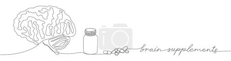 Illustration for Brain, nootropic supplements set. Blister pack, brain, tablets, pills, capsules, herbal, medicine one line art. Continuous line drawing of treatment pharmacy, therapy Hand drawn vector illustration - Royalty Free Image