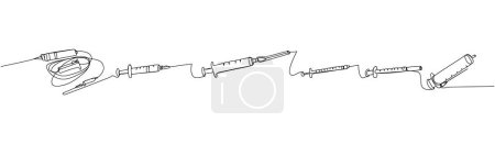 Illustration for Syringe set. Catheterization kit, needle, catheter, injection, Surgical Item, equipment one line art. Continuous line drawing of medication, disposable, tool, surgery Hand drawn vector illustration - Royalty Free Image