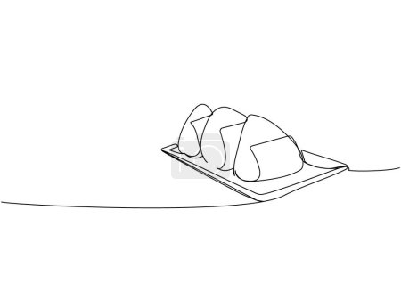 Téléchargez les illustrations : Sushi, Onigiri on Sushi geta, Japanese Rice Balls one line art. Dessin au trait continu de sushi, japonais, nourriture, rouleau, culture, savoureux, restaurant, japon, asiatique, menu Illustration vectorielle dessinée à la main - en licence libre de droit