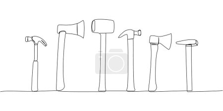 Illustration for Set of hammer, nail puller, axe, hatchet, woodcutter, construction tool one line art. Continuous line drawing of repair, professional, hand, people, concept, support. Hand drawn vector illustration - Royalty Free Image