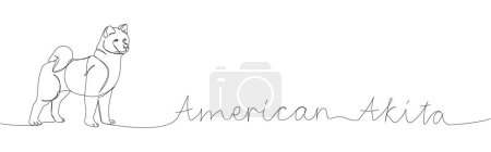 American Akita, raza de perro japonés, perro de caza una línea de arte. Dibujo continuo de línea de amigo, perrito, animal, familia, canino con inscripción, letras, manuscrito. Ilustración vectorial dibujada a mano