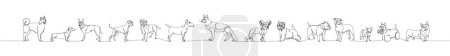 Eine Reihe von Hunden verschiedener Rassen in voller Höhe, Wache, Service, Begleithund Einleinenkunst. Kontinuierliche Linienzeichnung von Freund, Hund, Hund, Tier, Familie, Hund. Handgezeichnete Vektorillustration