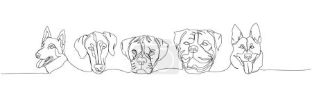 Ilustración de Un juego de perros de las razas de servicio, perro guardián una línea de arte. Dibujo continuo de línea de amigo, perro, perrito, amistad, cuidado, mascota, animal, familia, canino. Ilustración vectorial dibujada a mano - Imagen libre de derechos