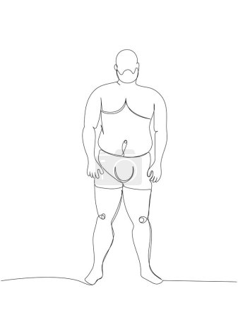 obese man bare-chested and in underwear one line art. Continuous line drawing of body positive, overweight, plus size model, XL, health, fashion, self acceptance. Hand drawn vector illustration