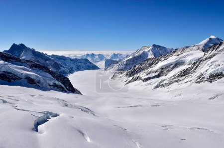 Glacier d'Aletsch avec neige, vue depuis la Jungfraujoch, canton du Valais, Suisse, Europe