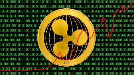 Symbol image Cryptocurrency, digital currency, golden coin ripple with binary code and quotation, background image