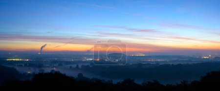 View from the Halde Norddeutschland spoil tip onto the Lower Rhine and the western Ruhr district at dawn, Neukirchen, North Rhine-Westphalia, Germany, Europe