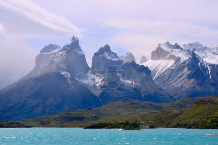 Cuernos del Paine massif with clouds on Lake Peho, Torres del Paine National Park, ltima Esperanza Province, Chile, South America 