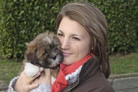 Young woman holding 9-week-old Lhasa Apso puppy in her arms. 