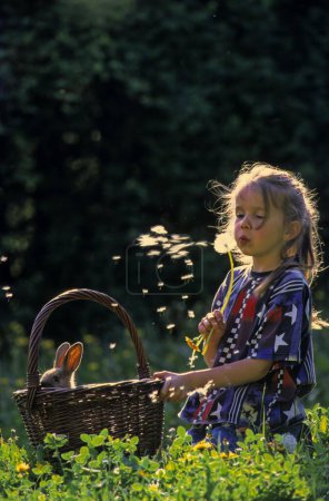 Girl playing with dandelion and rabbit