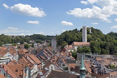View from Blaserturm to Obertor, Mehlsack Tower and Veitsburg (from left), Ravensburg, Baden-Wrttemberg, Germany, Europe 